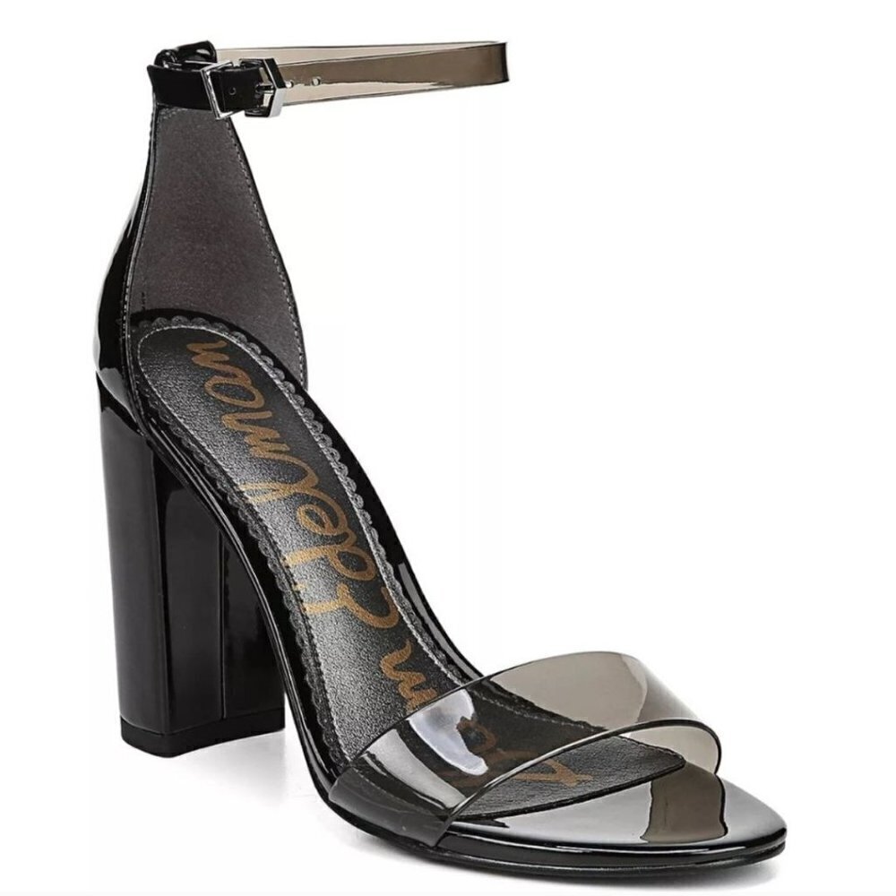 Sam Edelman Yaro Smoky Vinyl Black Patent Faux Leather Heel Sandals Size 7.5